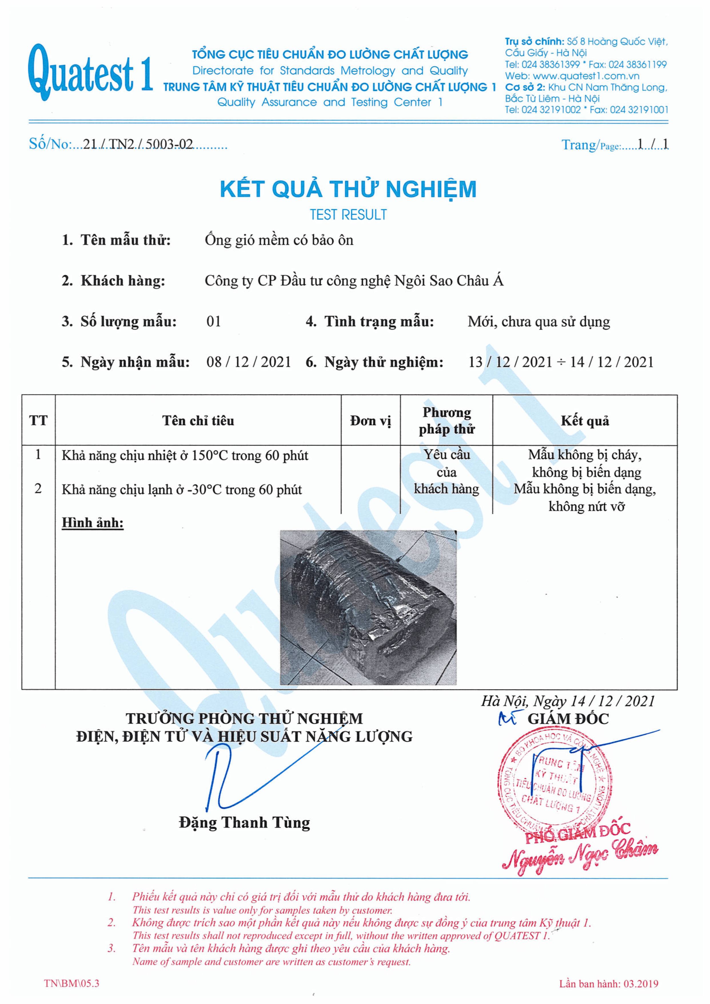 Kết quả thử nghiệm ống gió mềm có bảo ôn